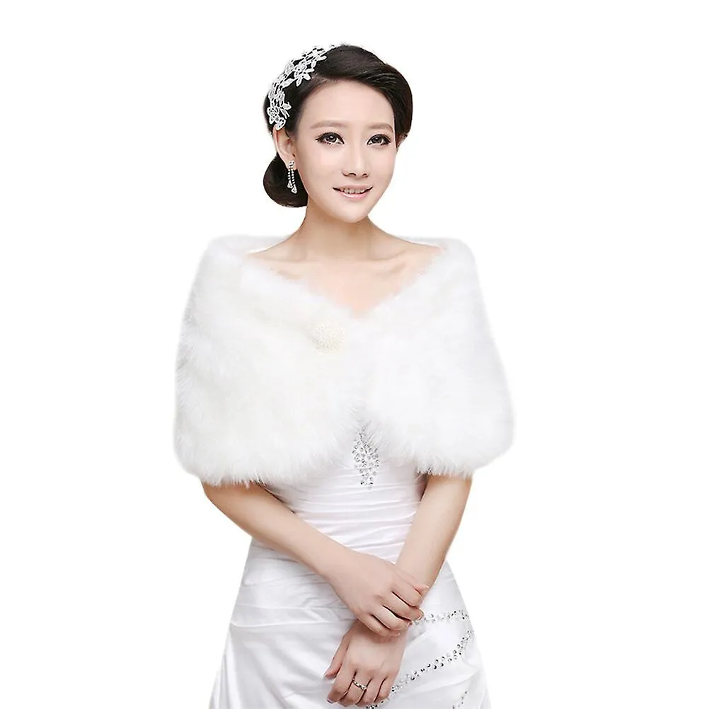 1pc Plush Shawl Tippet Dress Shawl Dress Shawl With Pearl Ball Decor For Wedding (beige)