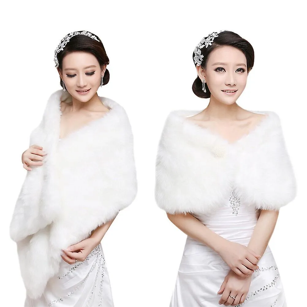 1pc Plush Shawl Tippet Dress Shawl Dress Shawl With Pearl Ball Decor For Wedding (beige)