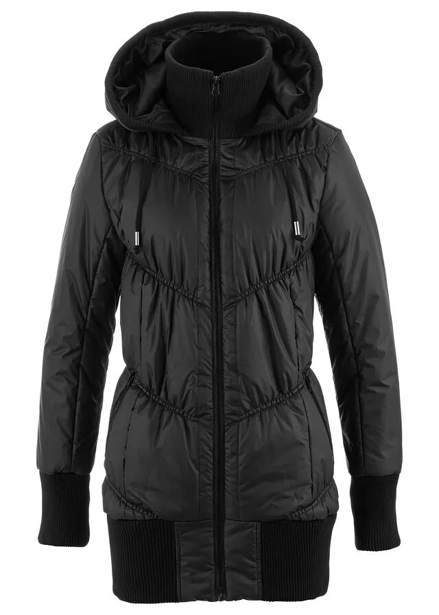 Abrigo acolchado con cinturilla cómoda ancha y capucha Negro