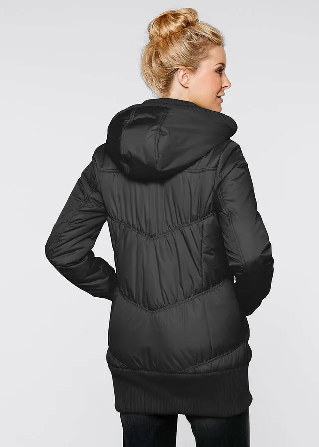 Abrigo acolchado con cinturilla cómoda ancha y capucha Negro