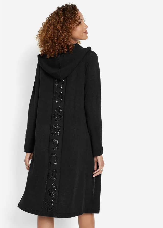 Abrigo de punto con lentejuelas y capucha Negro
