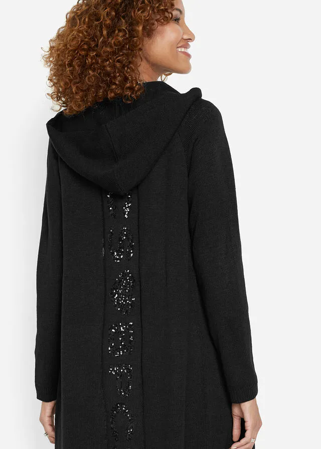 Abrigo de punto con lentejuelas y capucha Negro