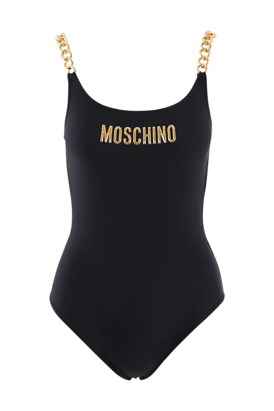 Bañador enterizo negro con cadenas y logo dorado