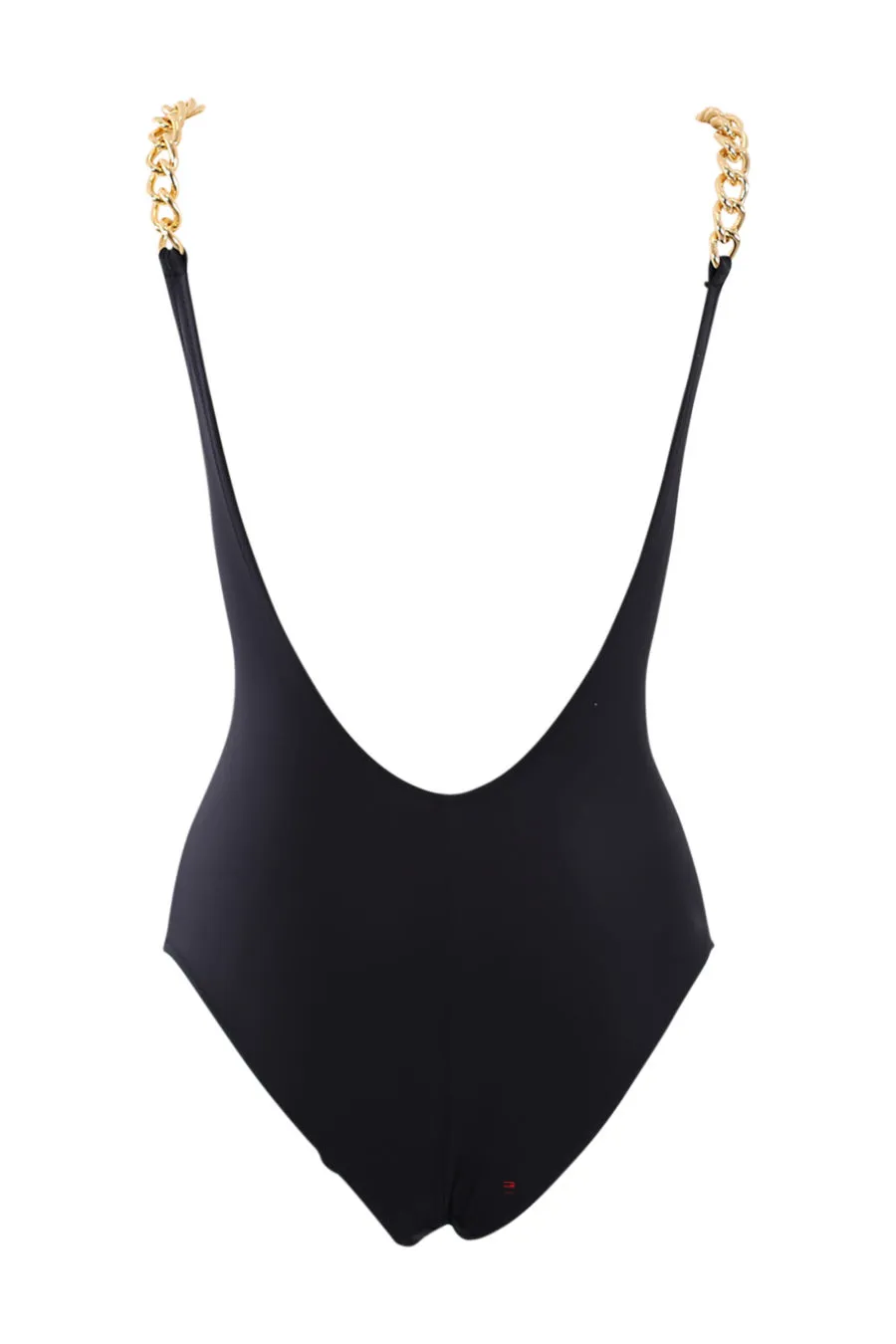 Bañador enterizo negro con cadenas y logo dorado
