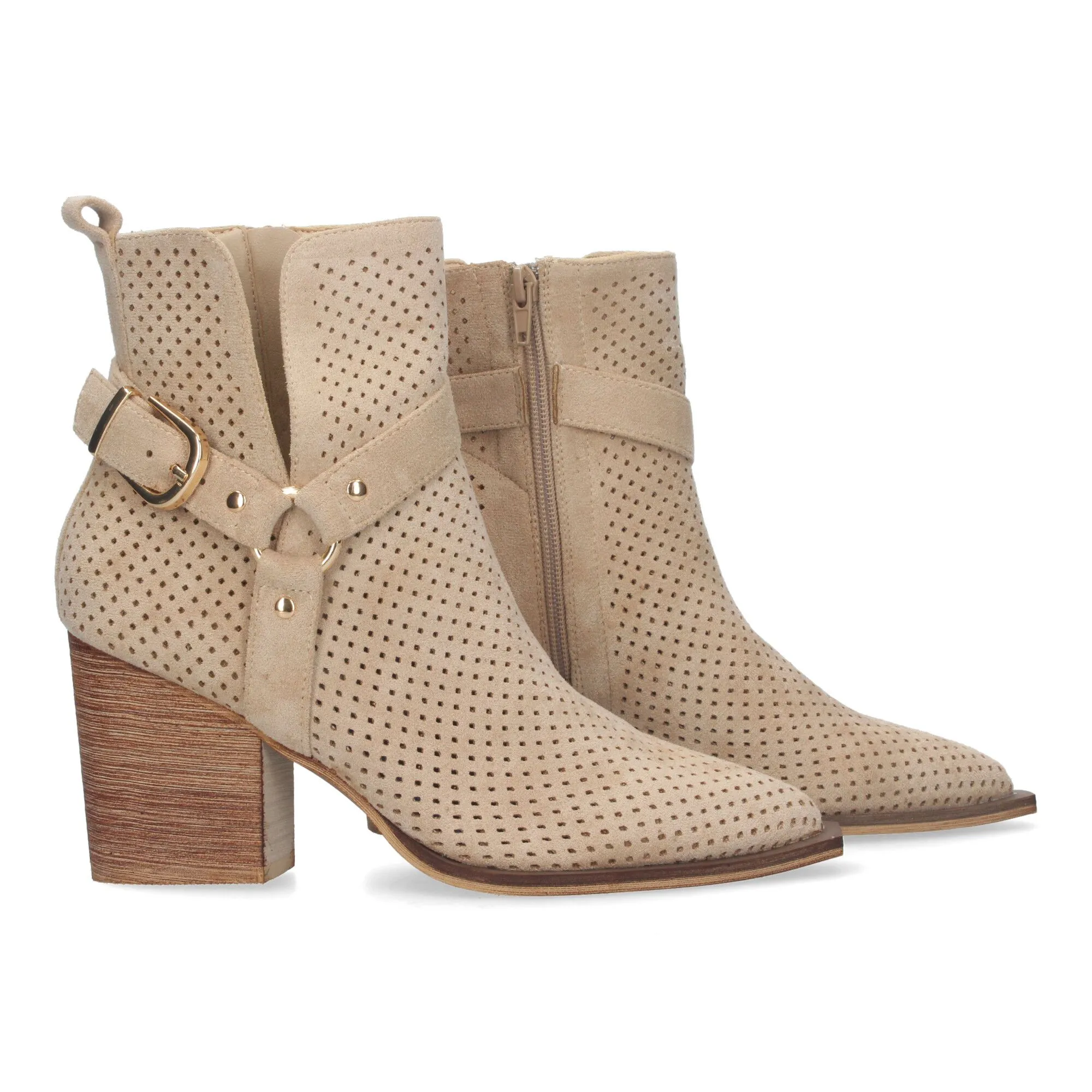 BOTINES CALADOS TACóN CAMPERO PUNTA FINA CóMODO BEIGE A3017