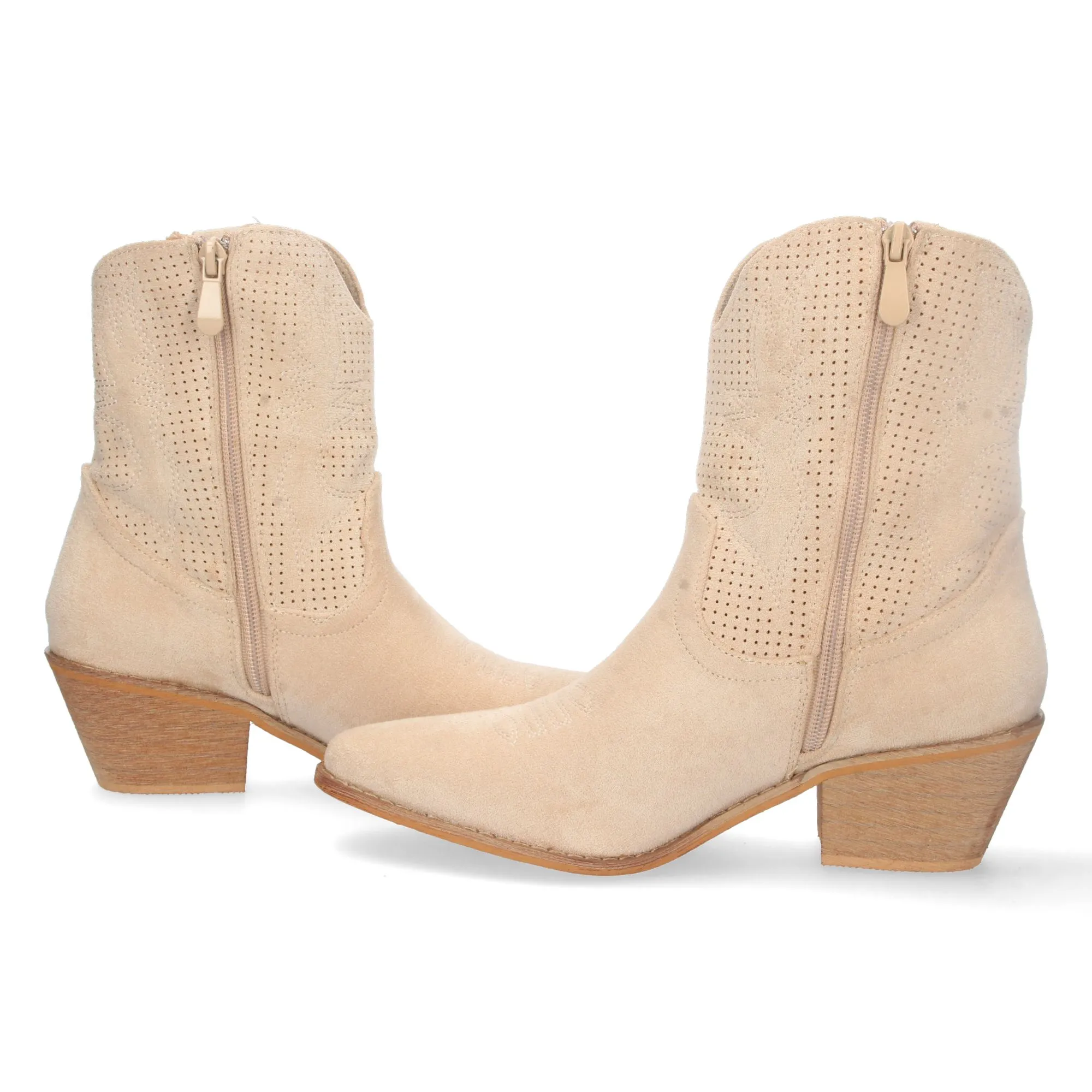 Botines cowboy camperos de tacón bajo para mujer beige