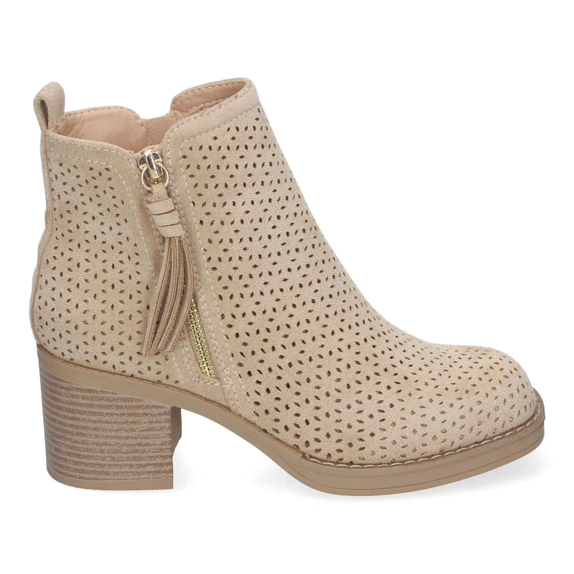 Botines de tacón bajo calados color beige para mujer VR002