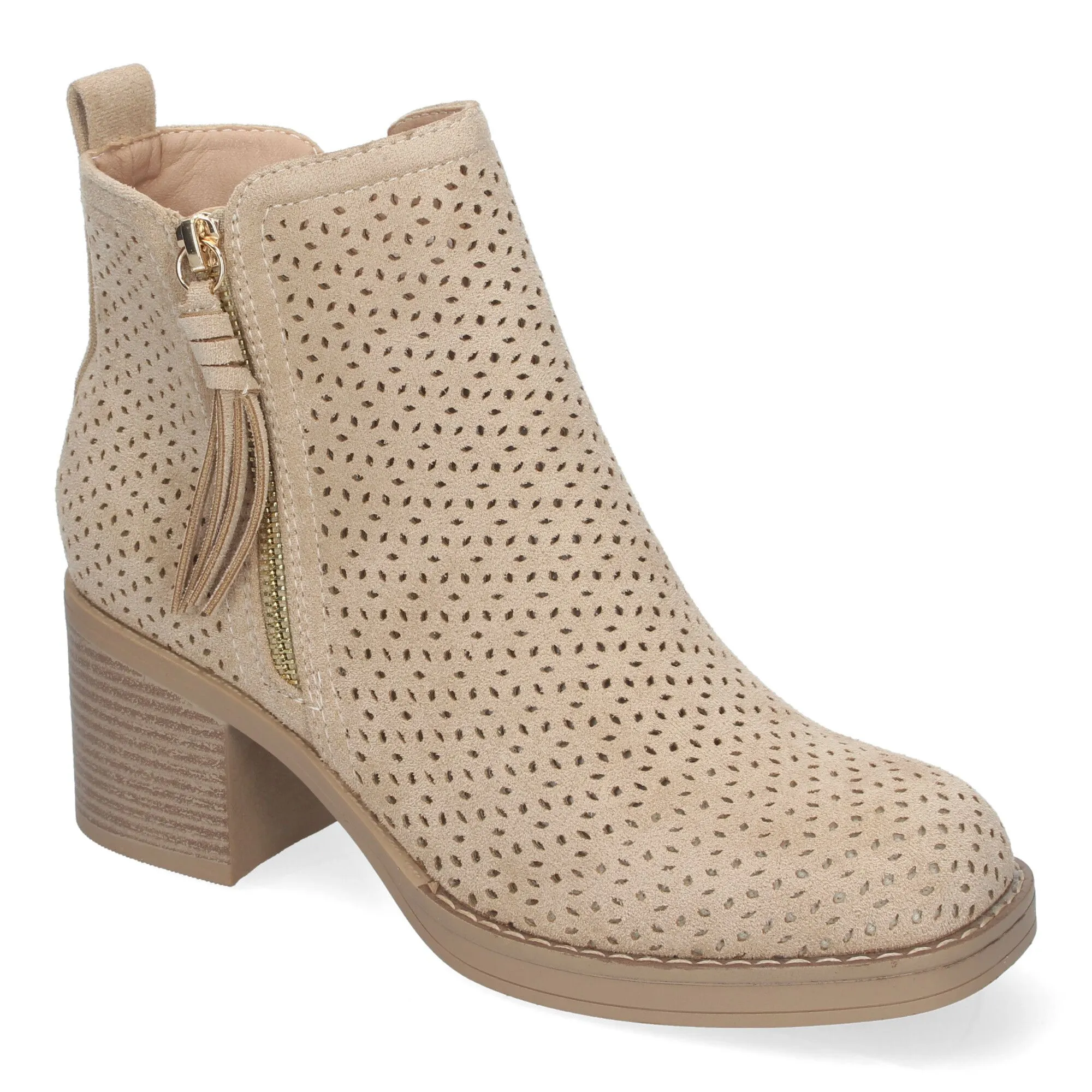 Botines de tacón bajo calados color beige para mujer VR002