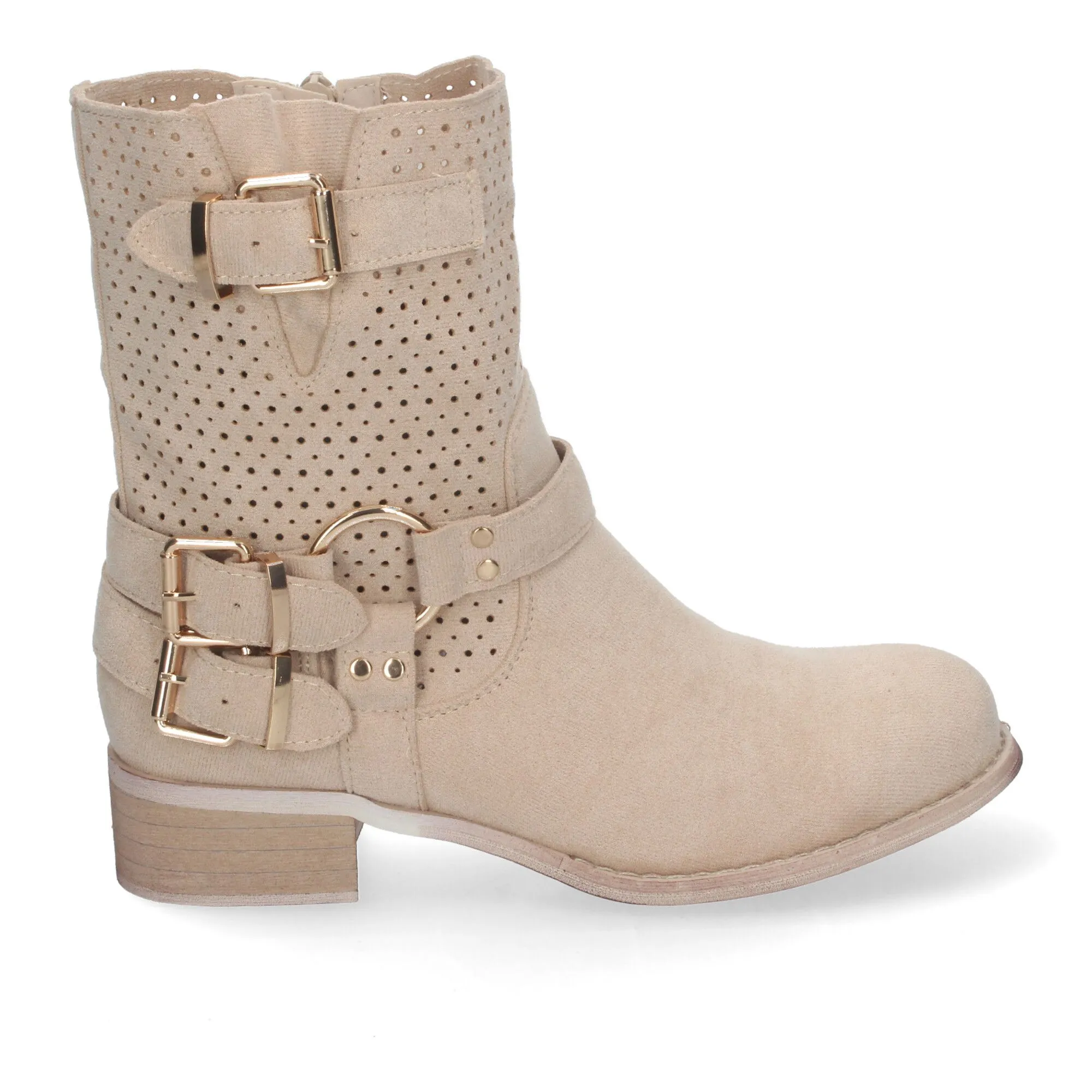 Botines de tacón bajo calados estilo motero mujer color beige L1002