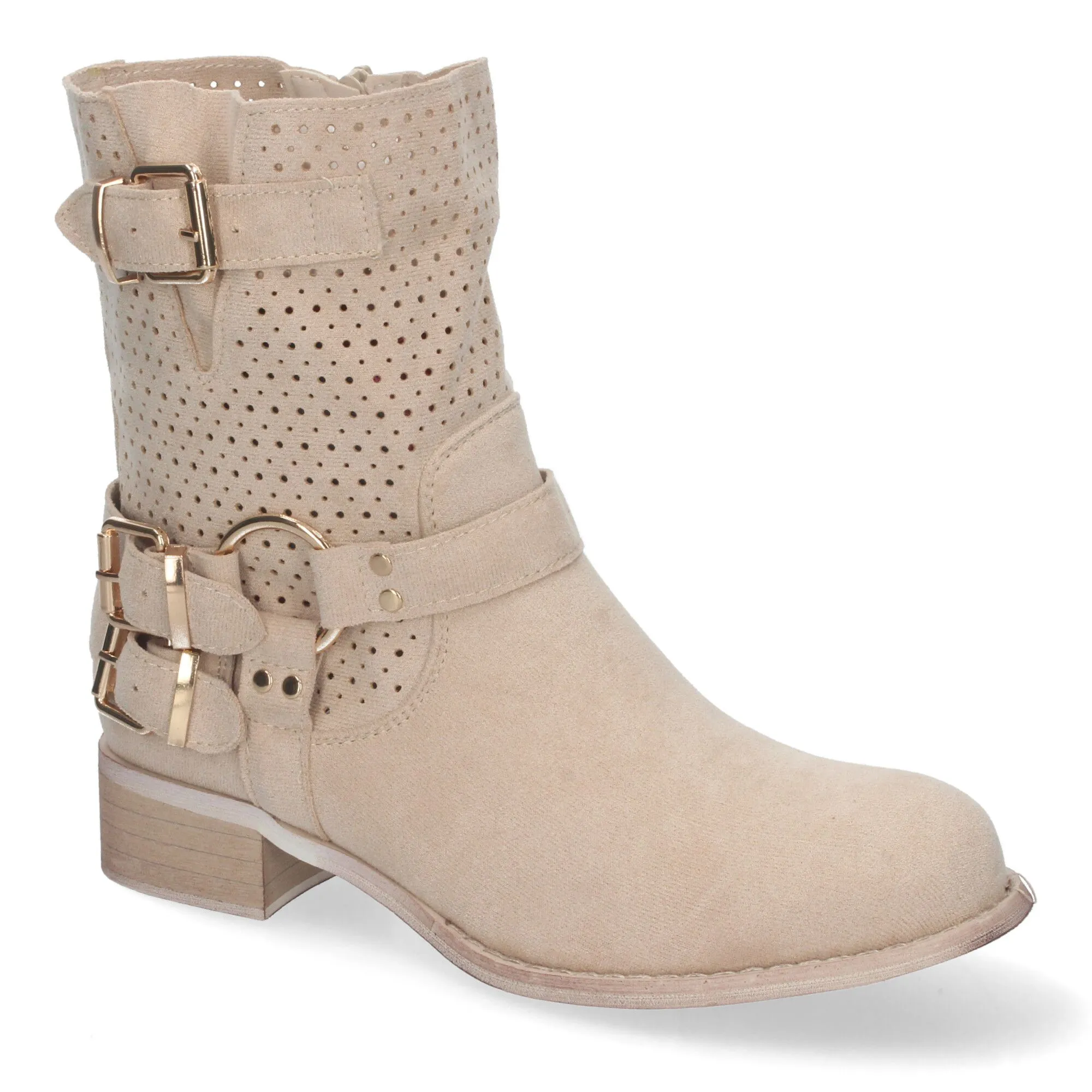 Botines de tacón bajo calados estilo motero mujer color beige L1002