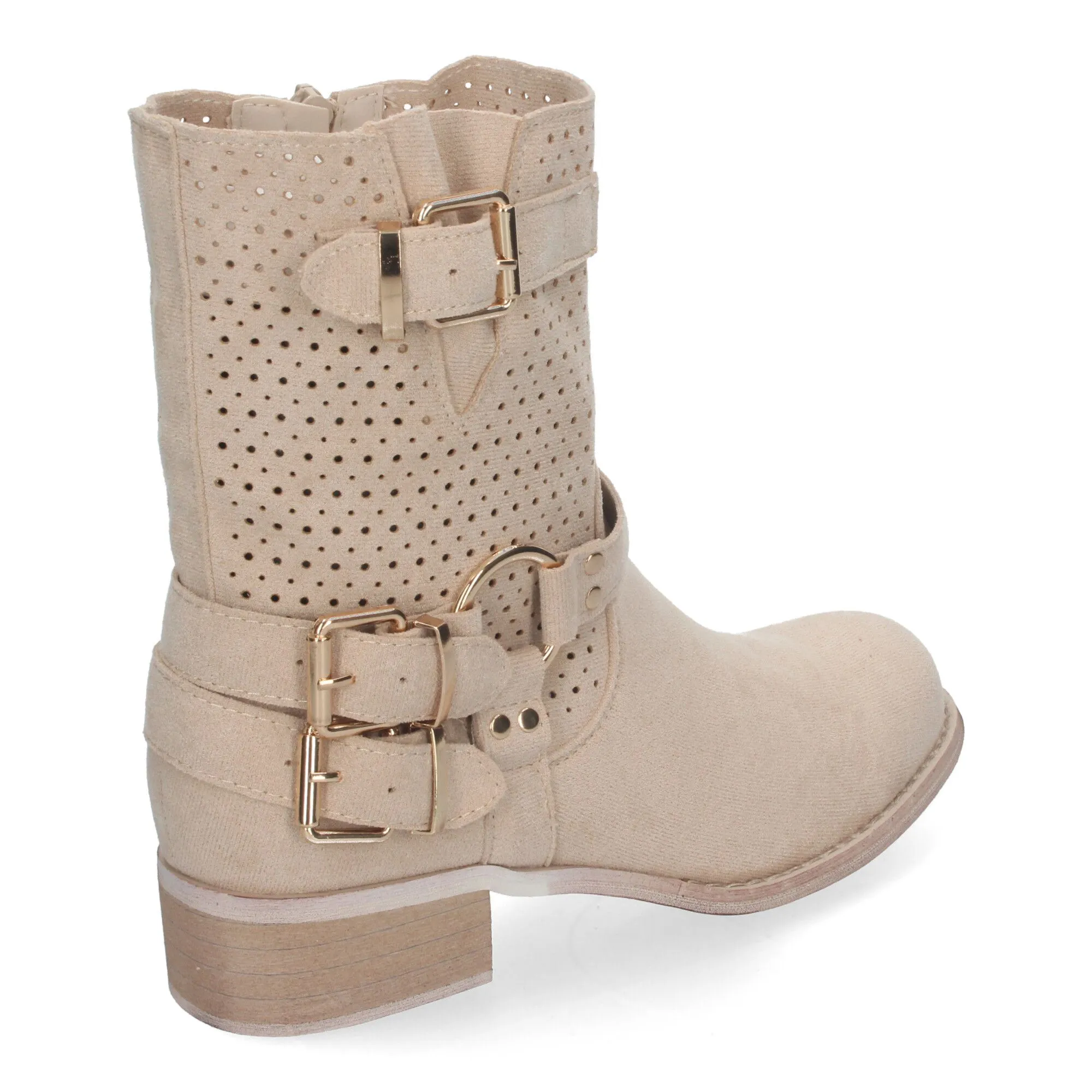 Botines de tacón bajo calados estilo motero mujer color beige L1002