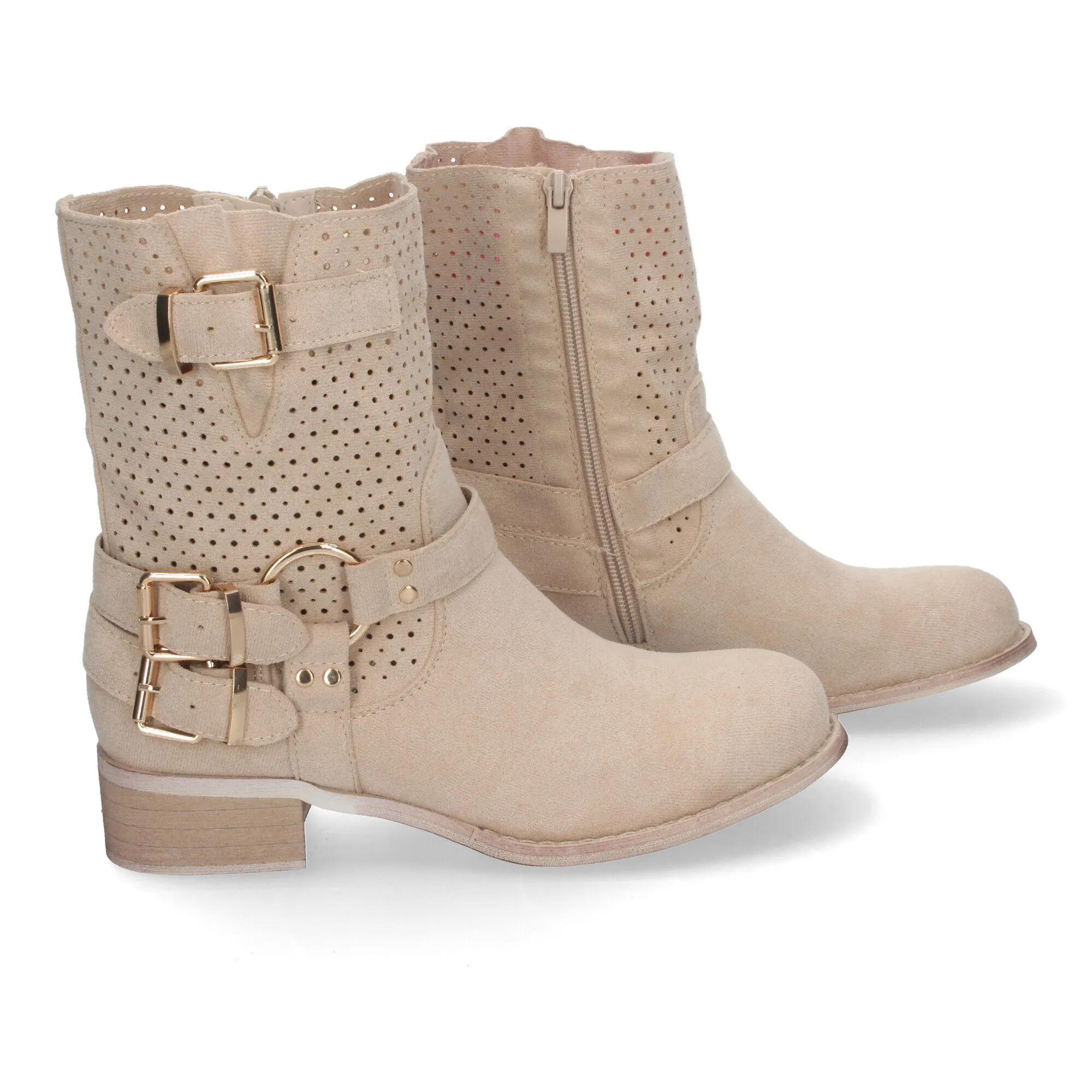 Botines de tacón bajo calados estilo motero mujer color beige L1002