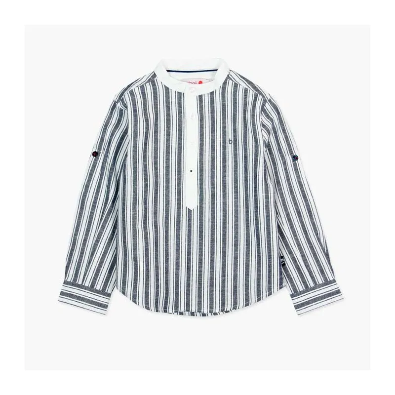 Camisa niño de lino a rayas azul marino de Boboli