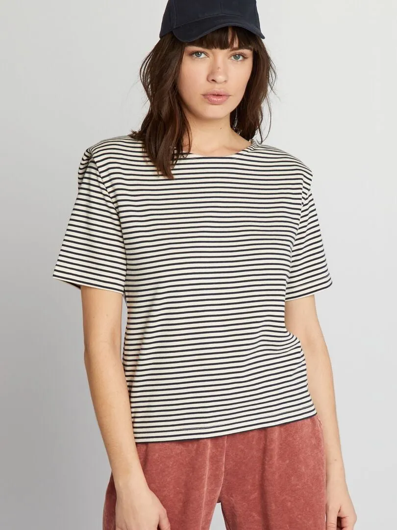 CAMISETA DE RAYAS CON HOMBRERAS  BEIGE