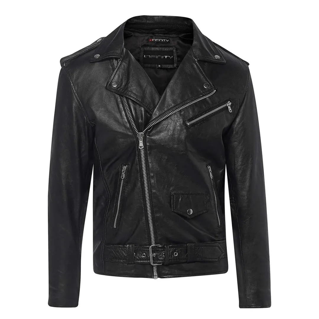 Chaqueta Brando Retro Clásica De Cuero Real Con Cremallera Cruzada Para Hombre Biker Belted Grease