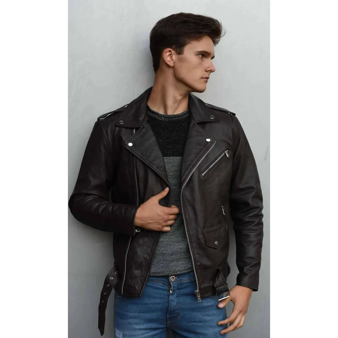 Chaqueta Brando Retro Clásica De Cuero Real Con Cremallera Cruzada Para Hombre Biker Belted Grease