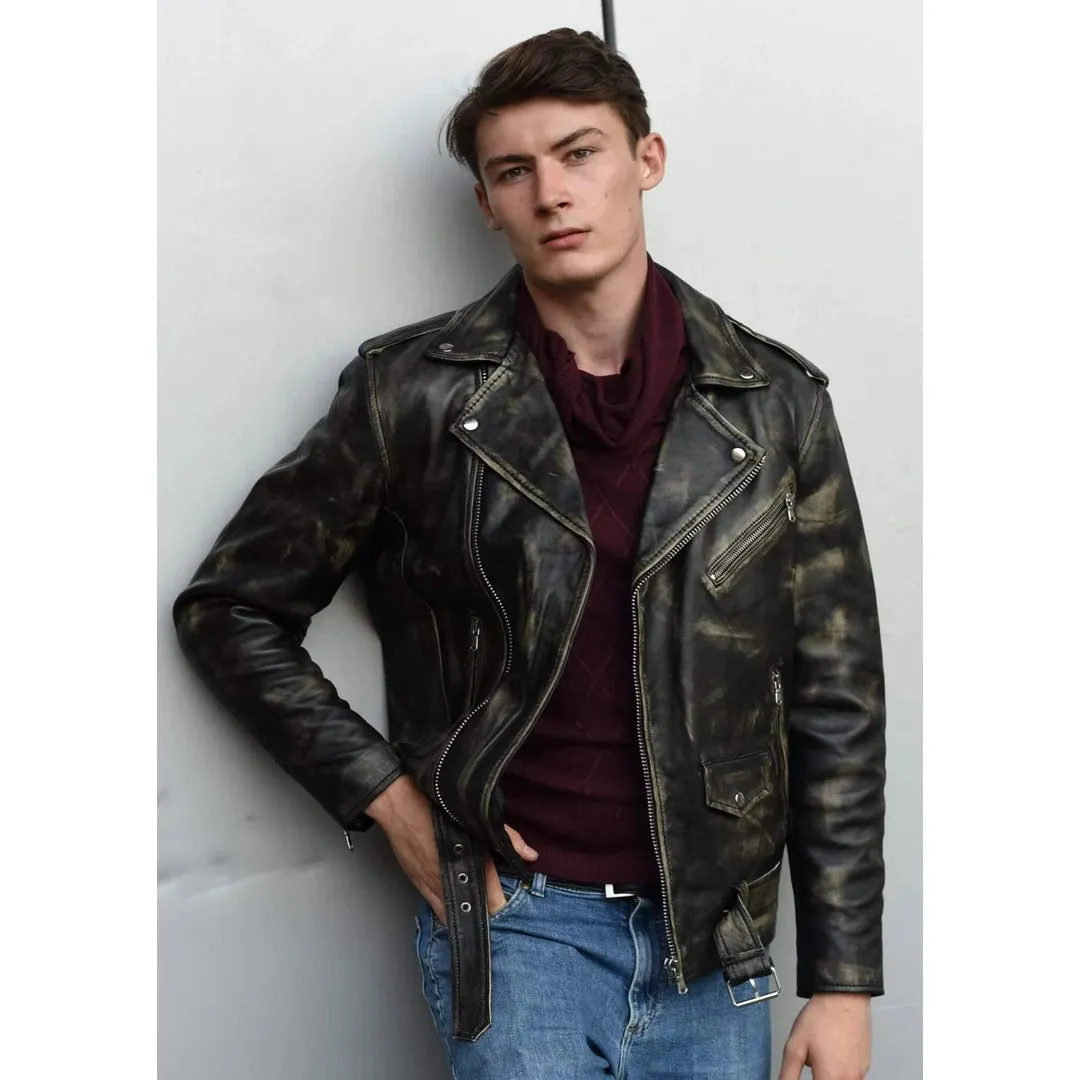 Chaqueta Brando Retro Clásica De Cuero Real Con Cremallera Cruzada Para Hombre Biker Belted Grease