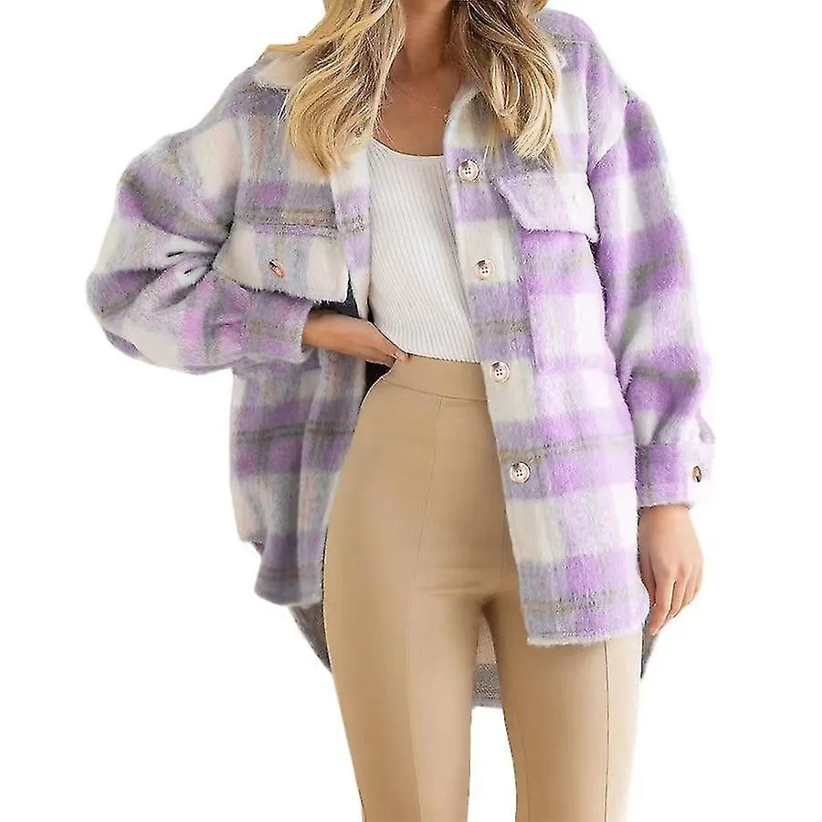 Chaqueta de manga larga con abrigo de mohair a cuadros para mujer de otoño e invierno