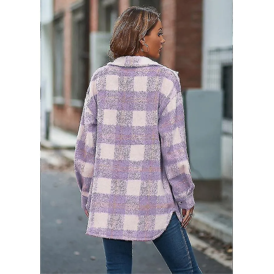Chaqueta de manga larga con abrigo de mohair a cuadros para mujer de otoño e invierno