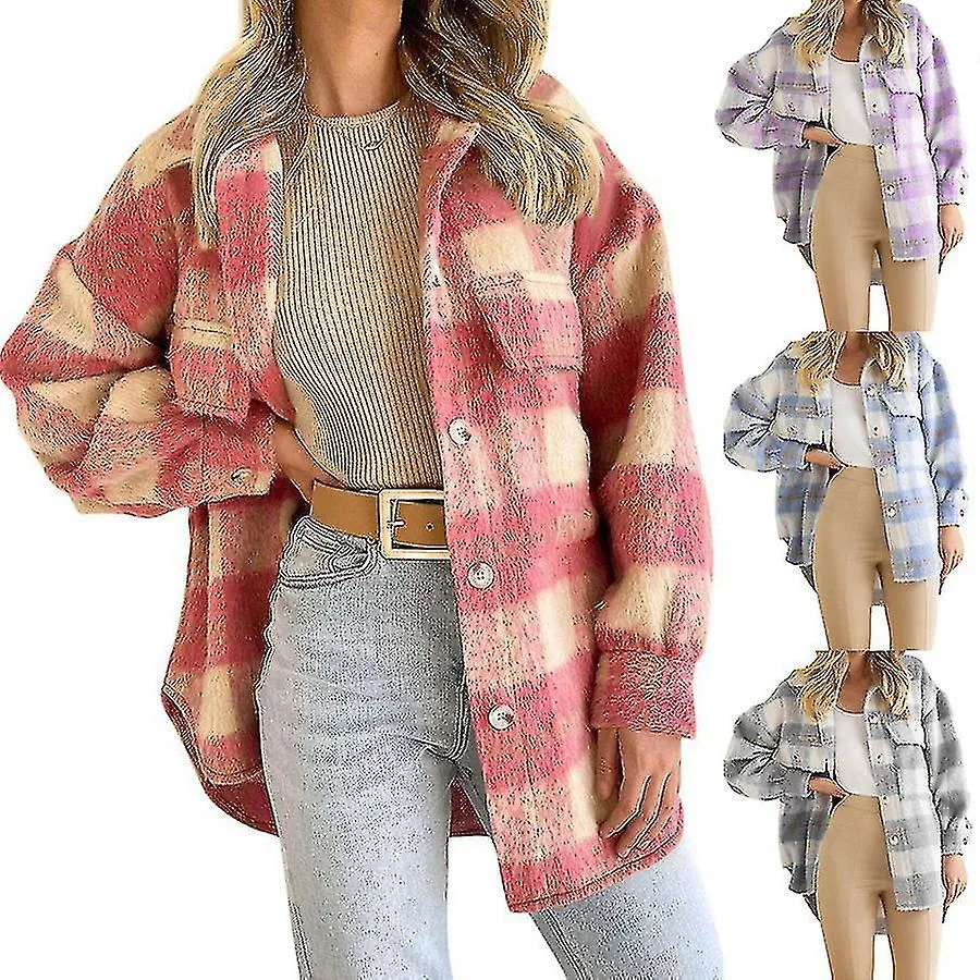 Chaqueta de manga larga con abrigo de mohair a cuadros para mujer de otoño e invierno