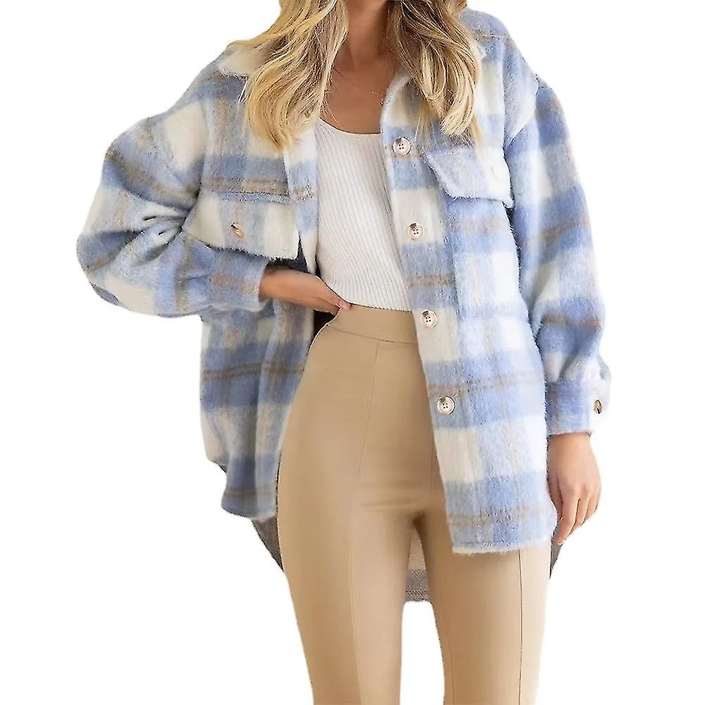 Chaqueta de manga larga con abrigo de mohair a cuadros para mujer de otoño e invierno