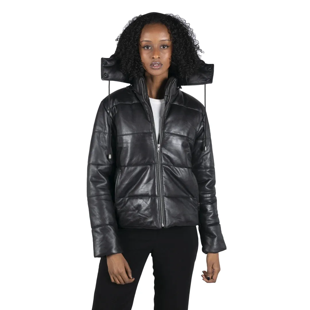 Femenina corta de tope corta chaqueta de cuero negro 80s clásico