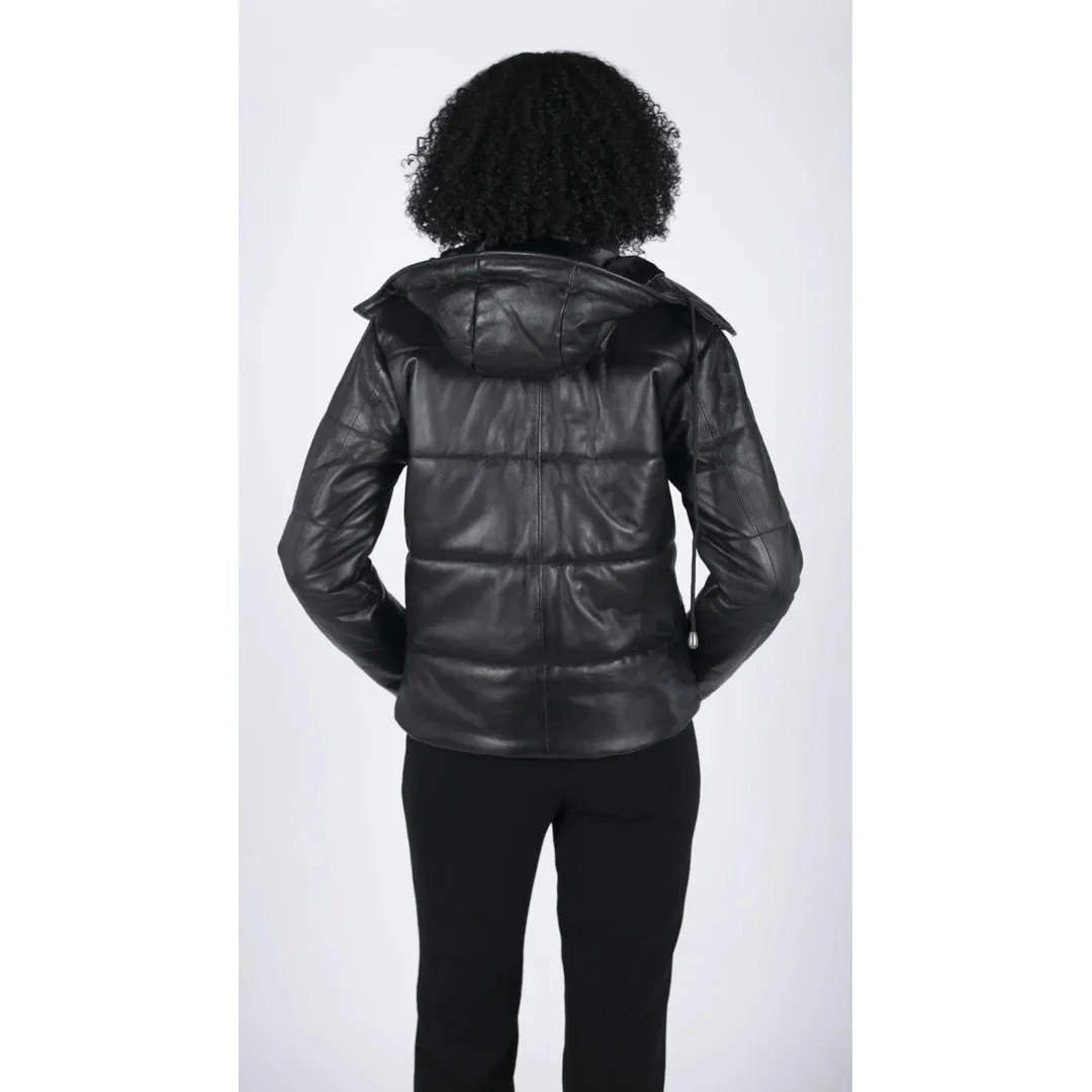 Femenina corta de tope corta chaqueta de cuero negro 80s clásico
