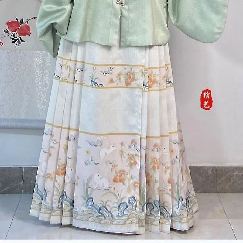 Hanfu Horse Face Skirt Women Chinese Traditional Hanfu Pleats Skirt Shirt+skirt 2 Piece Sets Blue Green Beige Plus Size Xl Green