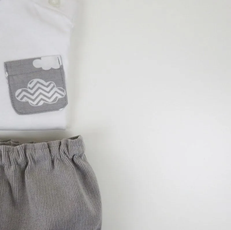 Lookbook camiseta nubes y cubrepañal micropana gris