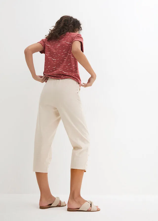 Pantalón de talle alto y largo 3/4 con lino y cintura cómoda gris guijarro