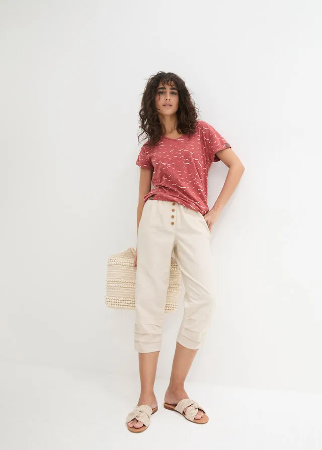 Pantalón de talle alto y largo 3/4 con lino y cintura cómoda gris guijarro