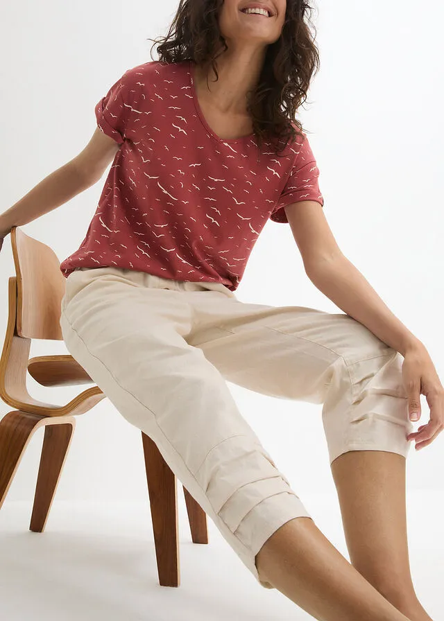 Pantalón de talle alto y largo 3/4 con lino y cintura cómoda gris guijarro