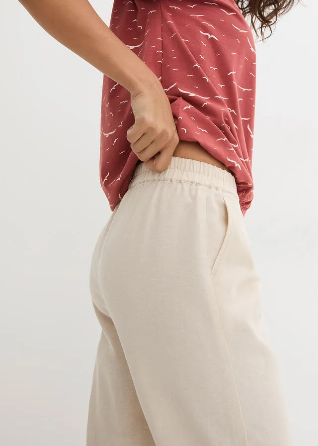 Pantalón de talle alto y largo 3/4 con lino y cintura cómoda gris guijarro
