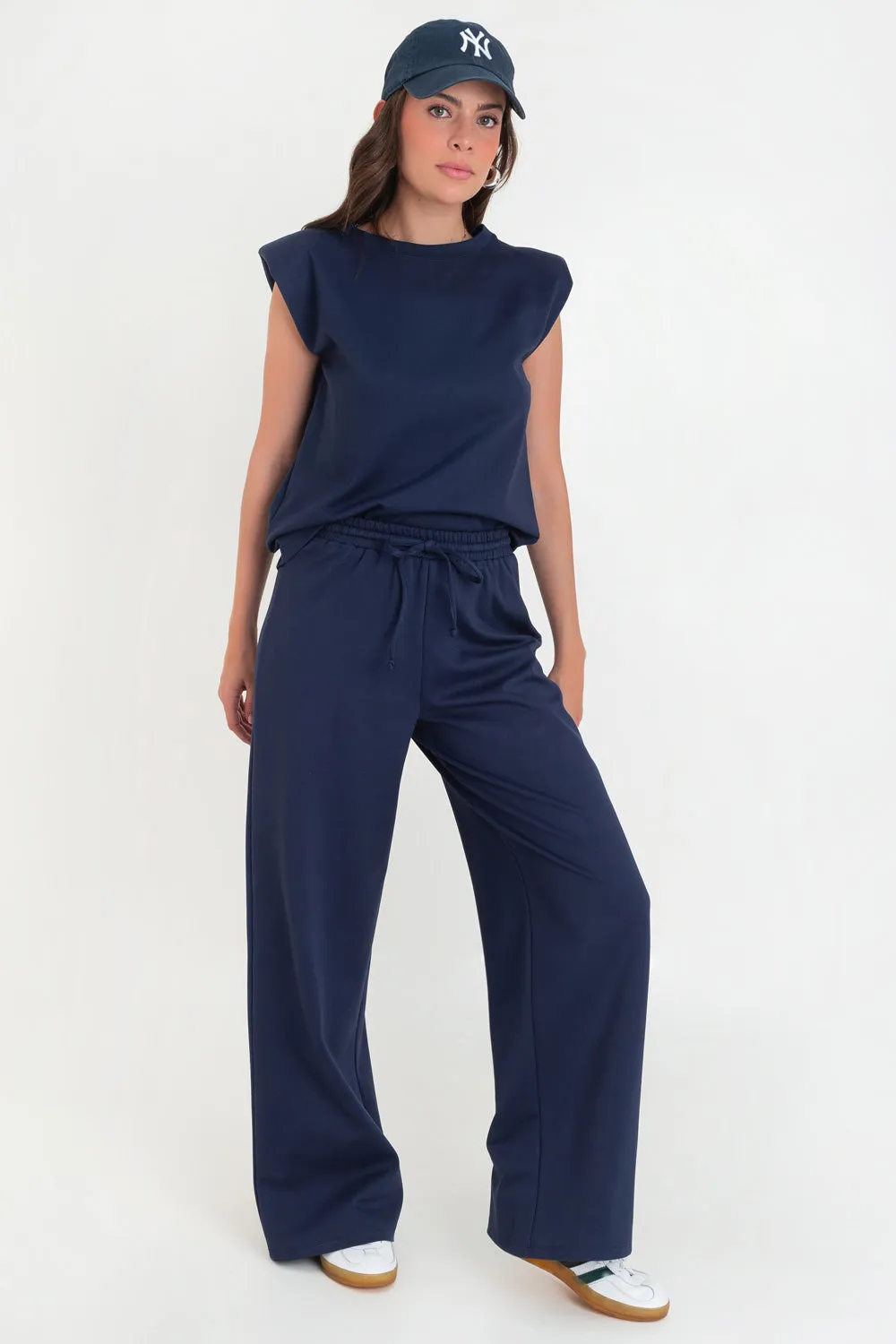 Pantalón wide leg cintura alta con jareta