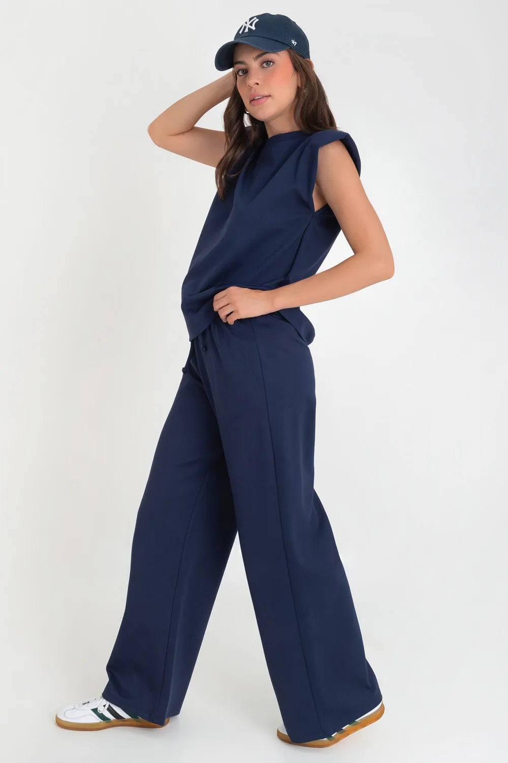 Pantalón wide leg cintura alta con jareta