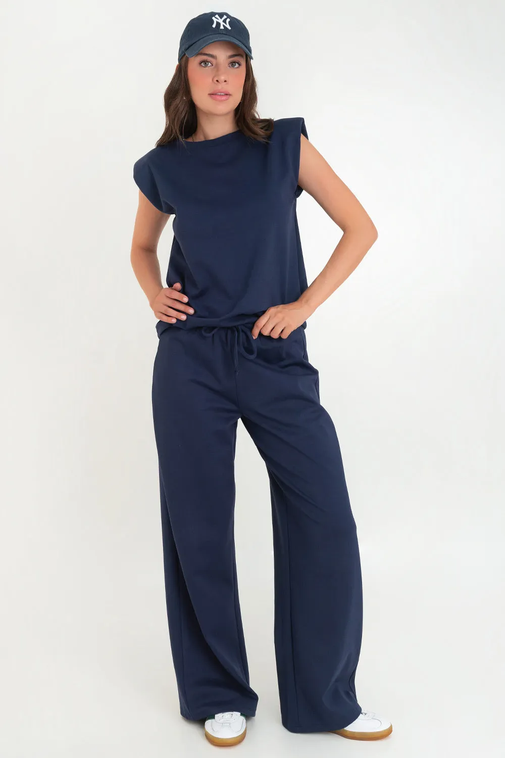 Pantalón wide leg cintura alta con jareta