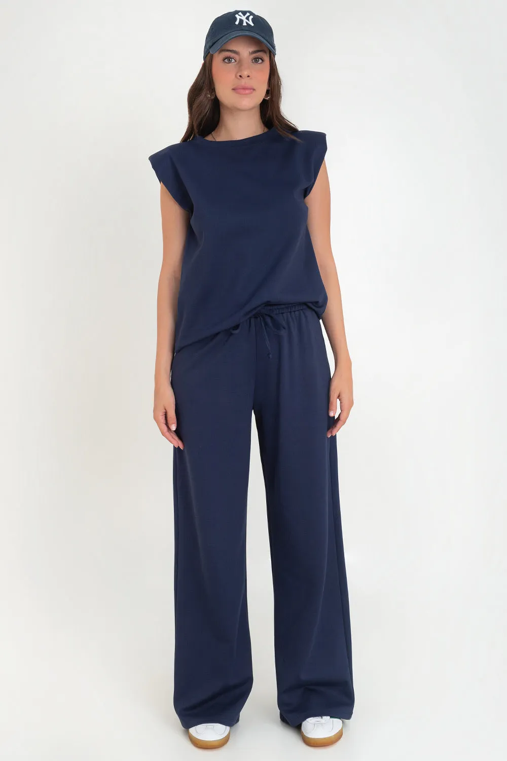 Pantalón wide leg cintura alta con jareta