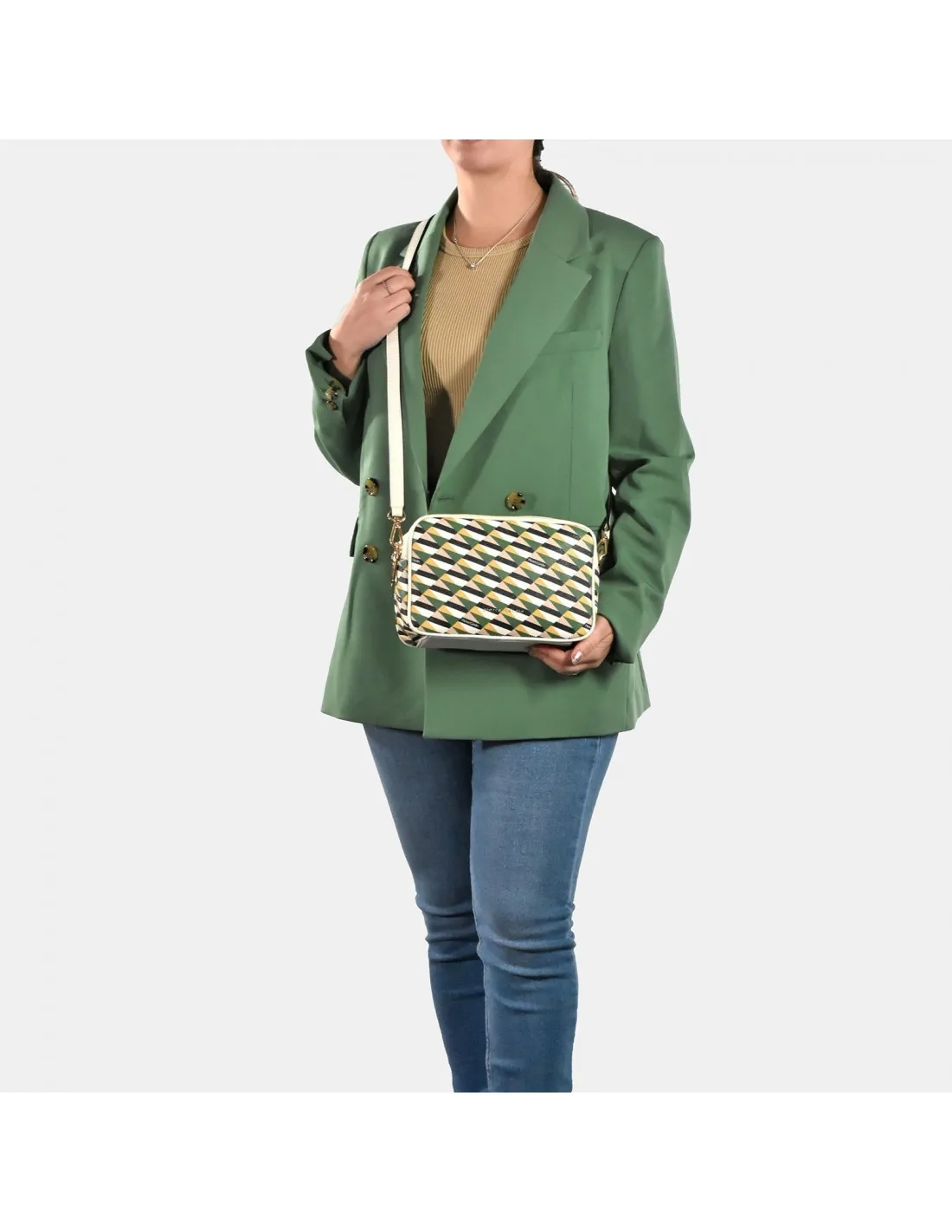 PIERRE CARDIN Bolso bandolera para mujer dos cremalleras lona estampada