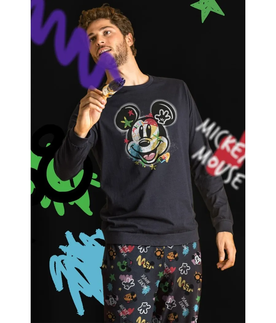 Pijama invierno hombre Disney 28 Mickey Mouse Street Graffiti gris algodón