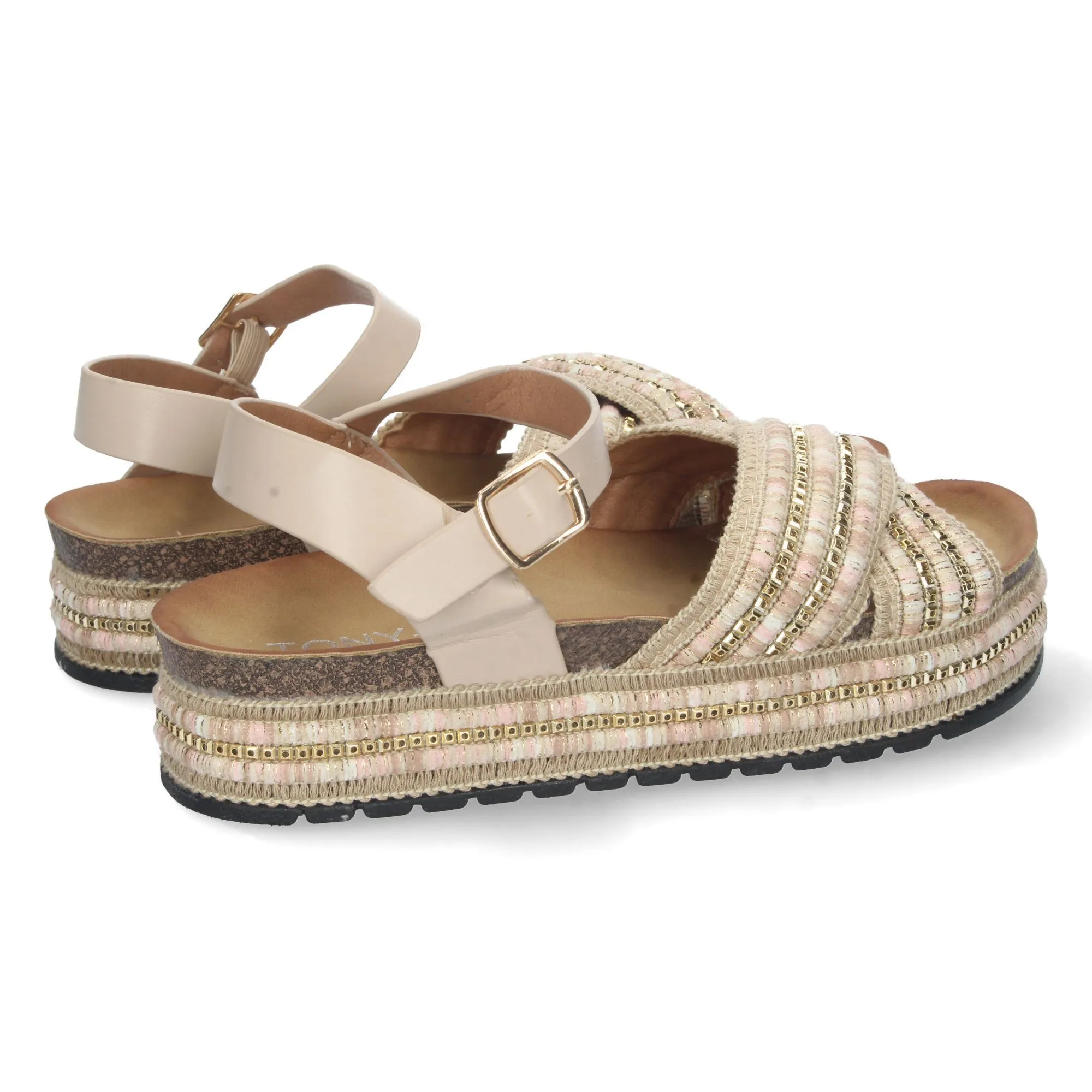 Sandalia plana étnica bio cruzado y hebilla mujer color beige