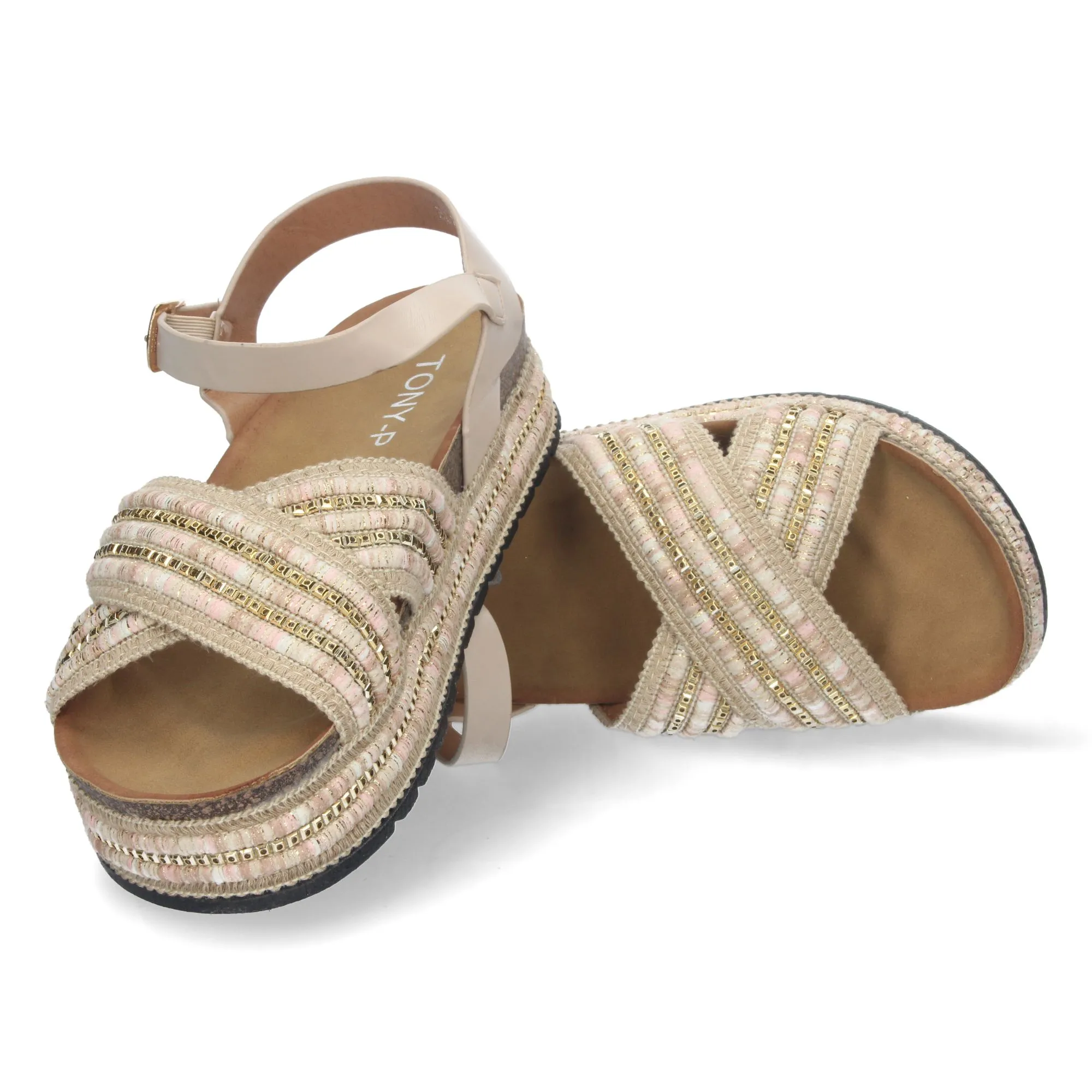 Sandalia plana étnica bio cruzado y hebilla mujer color beige