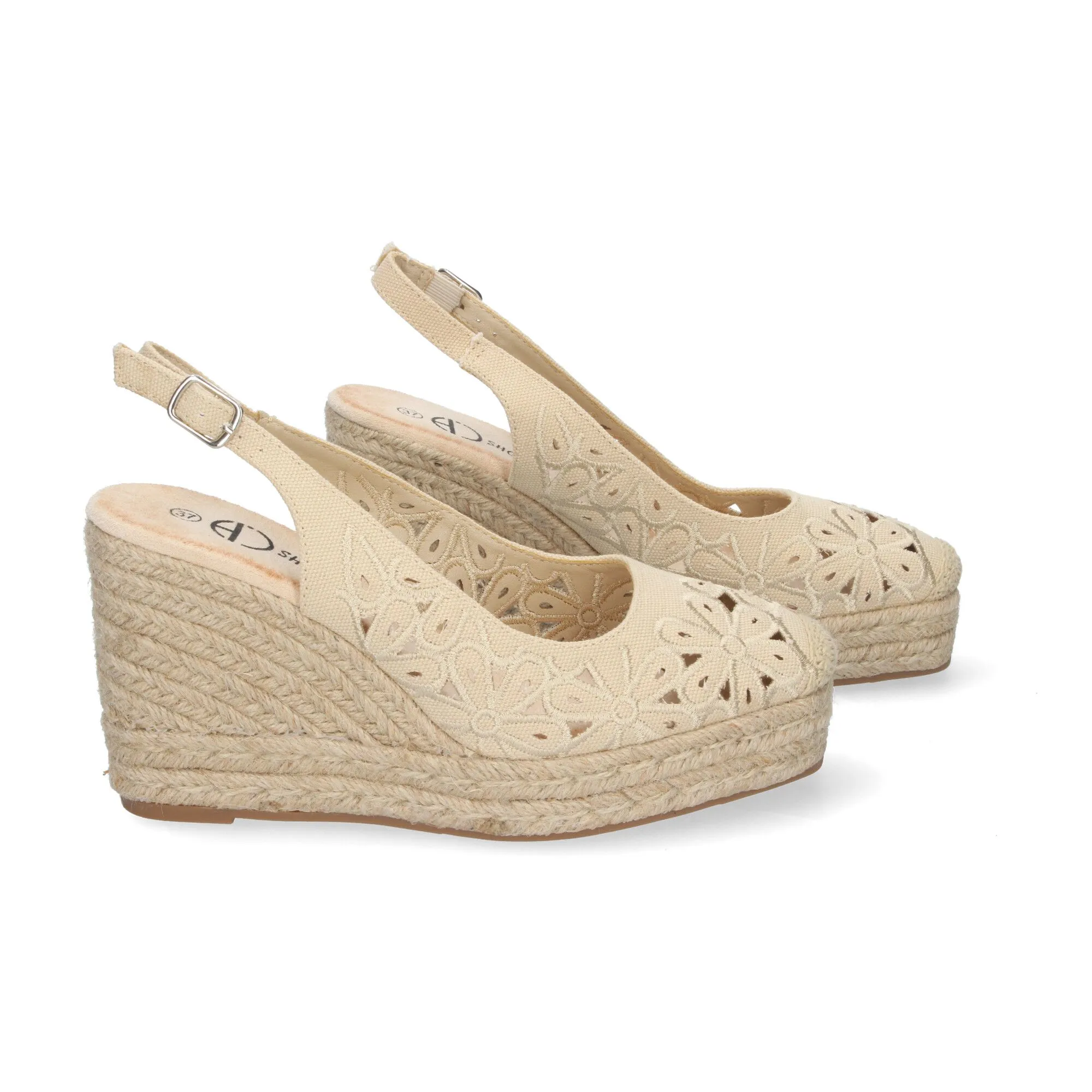 SANDALIAS DE CUñA EN YUTE CóMODAS BORDADAS DE FLORES MUJER BEIGE YZ23113