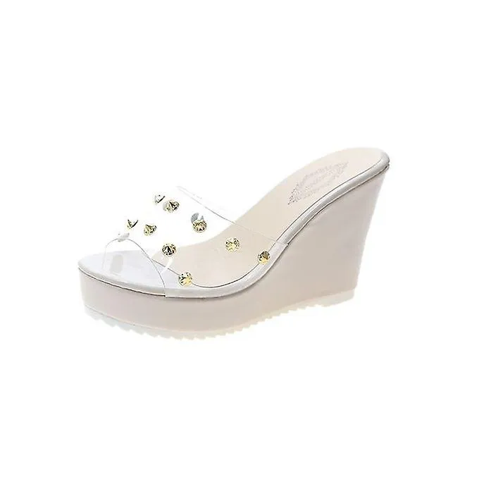 Slope Heel Slippers Women's Rivet Transparent Sandals Fish Mouth Shoes Beige