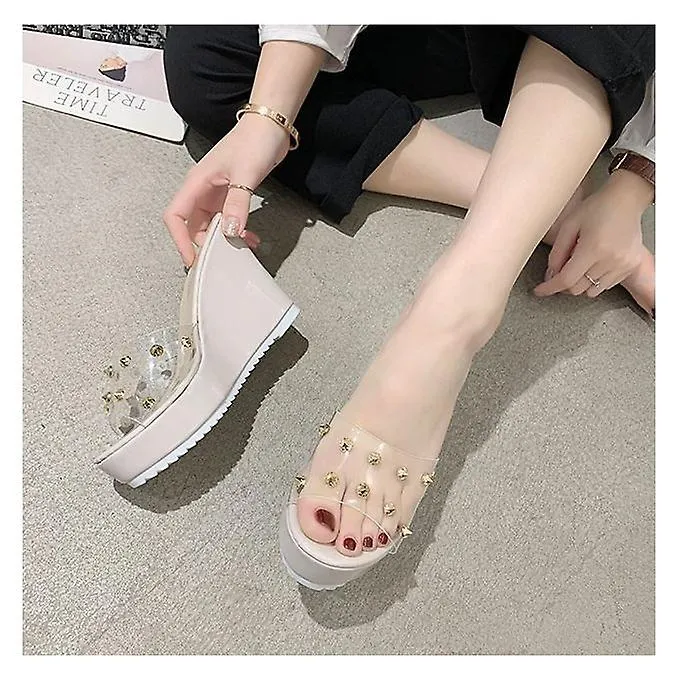 Slope Heel Slippers Women's Rivet Transparent Sandals Fish Mouth Shoes Beige