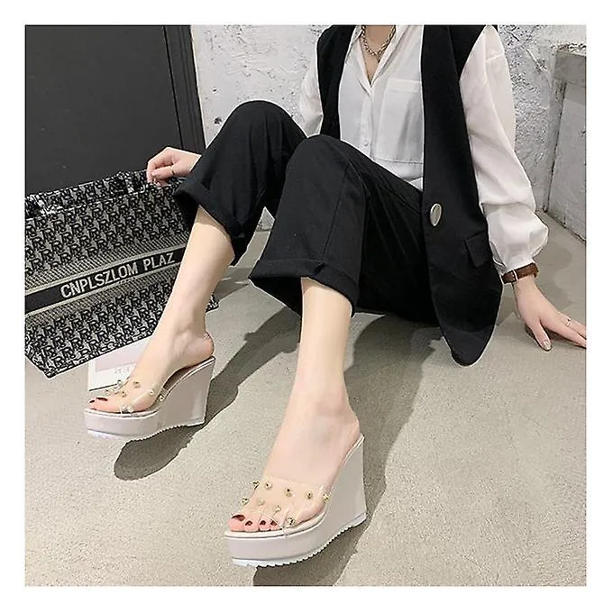 Slope Heel Slippers Women's Rivet Transparent Sandals Fish Mouth Shoes Beige