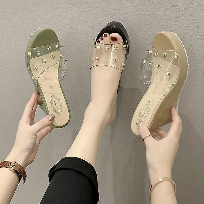 Slope Heel Slippers Women's Rivet Transparent Sandals Fish Mouth Shoes Beige