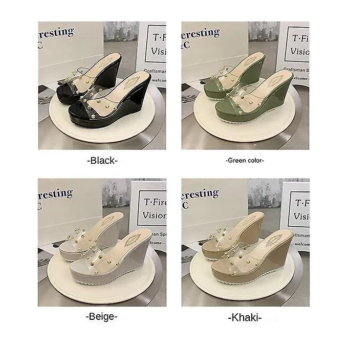 Slope Heel Slippers Women's Rivet Transparent Sandals Fish Mouth Shoes Beige