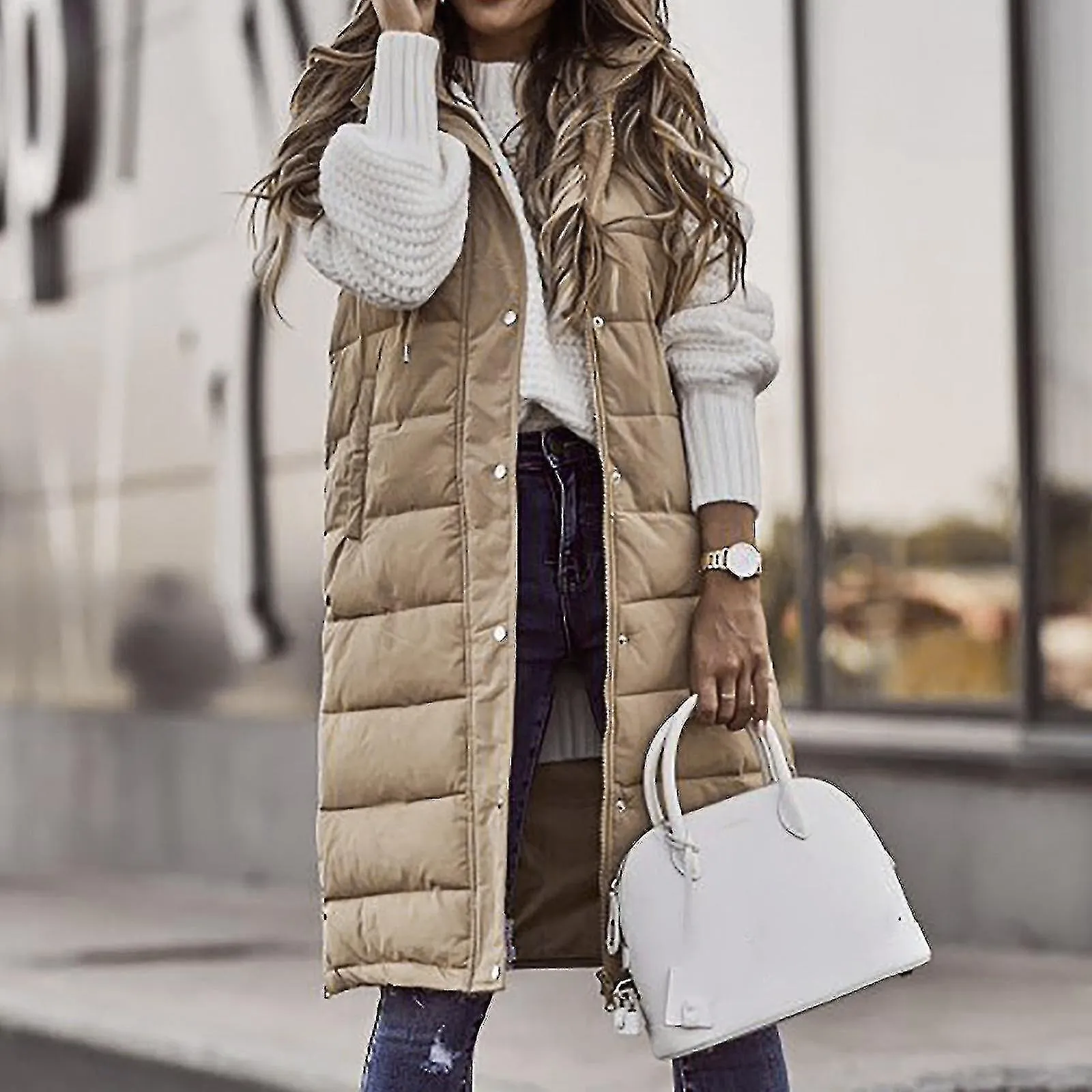 WOMEN'S SOLID COLOR HOODED SINGLEBREASTED MIDLENGTH PADDED VEST SLEEVELESS POCKET JACKETXLBEIGE