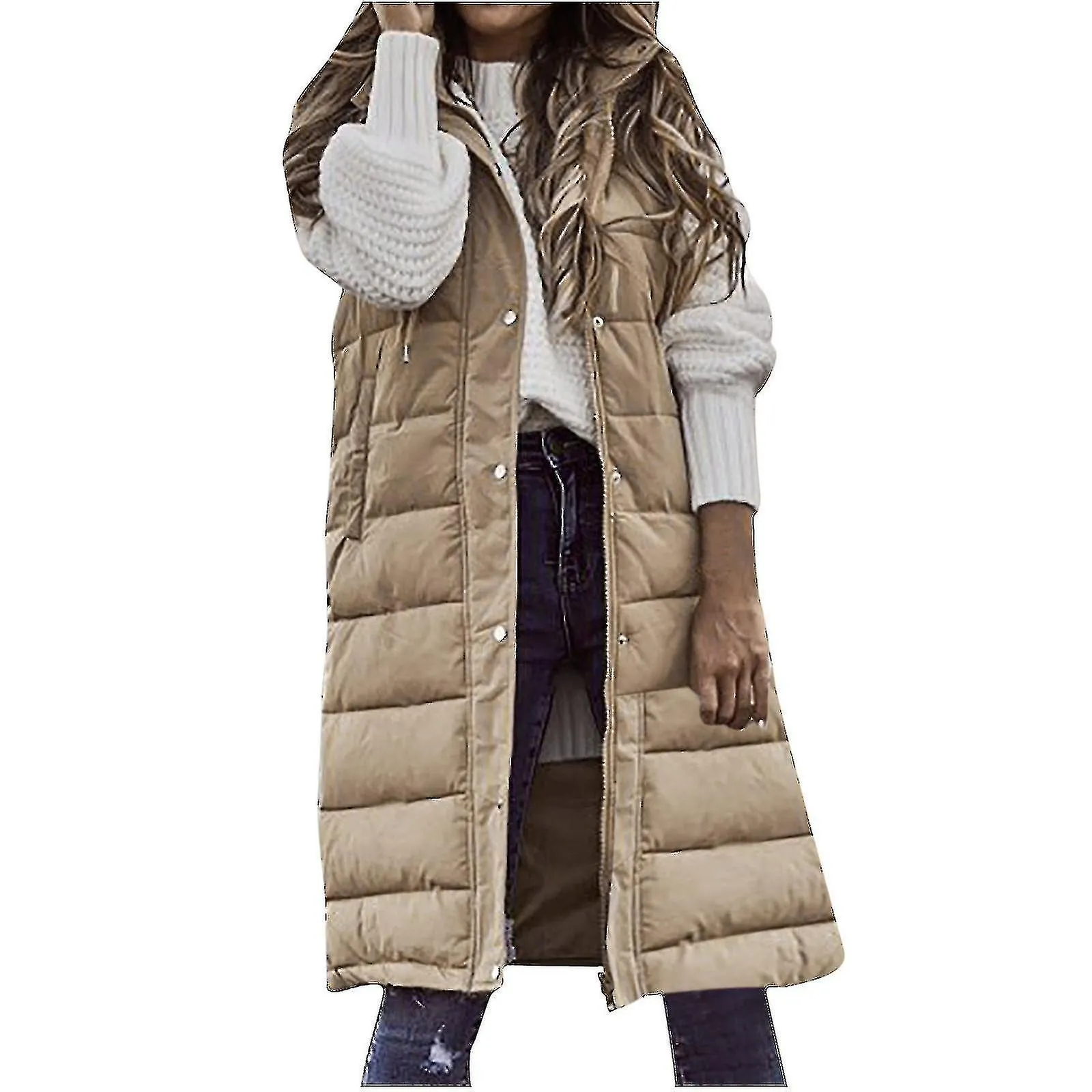 WOMEN'S SOLID COLOR HOODED SINGLEBREASTED MIDLENGTH PADDED VEST SLEEVELESS POCKET JACKETXLBEIGE