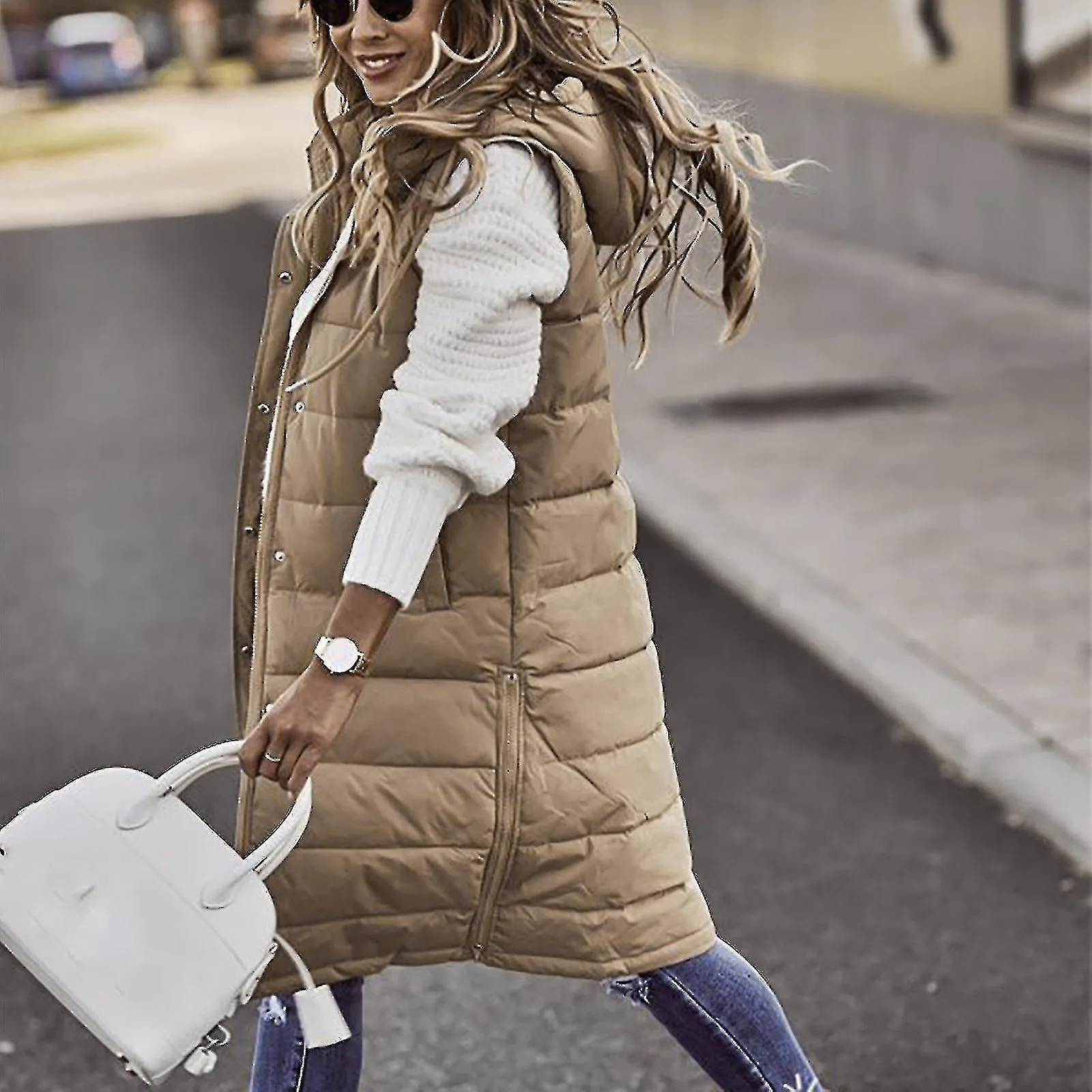 WOMEN'S SOLID COLOR HOODED SINGLEBREASTED MIDLENGTH PADDED VEST SLEEVELESS POCKET JACKETXLBEIGE